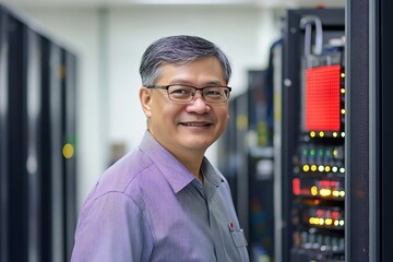 Smiling Asian IT Professional Data Center Server Room Network Engineer Portrait Happy Male Technician Businessman Technology Expert Cloud Computing Specialist Digital    