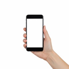 Woman hand holding phone on white background with copy space. Woman holding smartphone with white screen. Hand with blank cellphone display, close-up
