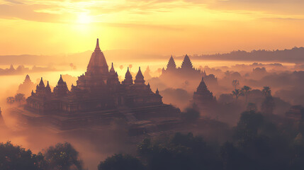 Sunrise over ancient temple complex with fog in the distance. Shadow Temple. Illustration