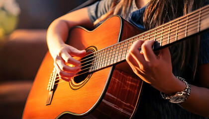 Fototapeta premium Close-up of a young woman's hands playing an acoustic guitar. Warm golden light enhances the rich wood grain of the instrument. Perfect for music, hobby, or lifestyle concepts.