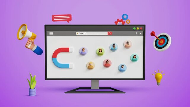 Digital marketing and customer engagement. Ads, audience outreach, attract audience, discount offers, business marketing strategy. 3D magnet attracting audience on a computer screen. 4K 3D animation