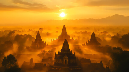 Sunrise over ancient temple ruins in southeast asia with golden light and misty mountains. Shadow Temple. Illustration