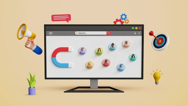 Digital marketing and customer engagement. Ads, audience outreach, attract audience, discount offers, business marketing strategy. 3D magnet attracting audience on a computer screen. 4K 3D animation