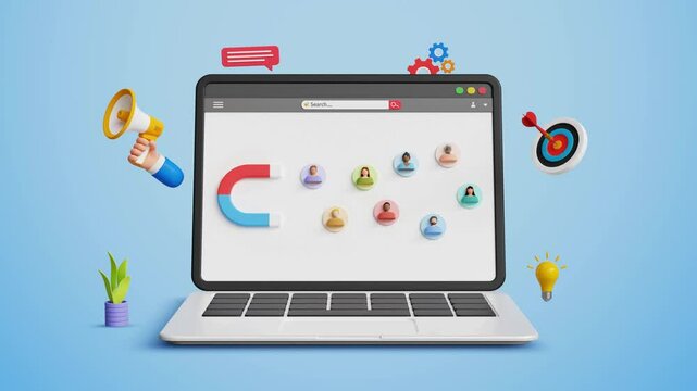 Customer acquisition concept. Business lead, Inbound marketing, customer retention. 3D magnet attract audience on a laptop screen. 4K 3D animation