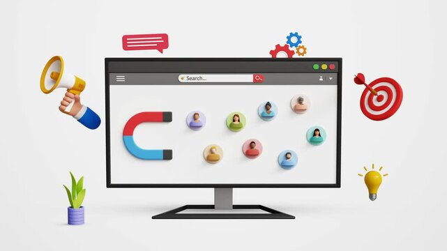 Customer acquisition and retention concept. CAC, advertising, lead generation, promotion, targeted marketing concept. 3D computer screen with magnet attracting customers. 4K 3D animation