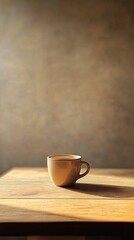 Crafted wooden serving board with a cup of coffee and decorative element on a textured fabric
