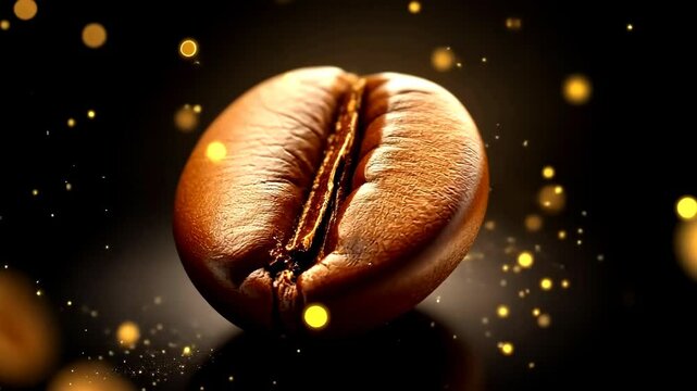Close-up of a single roasted coffee bean with golden particles and bokeh lights on a dark background, slow motion