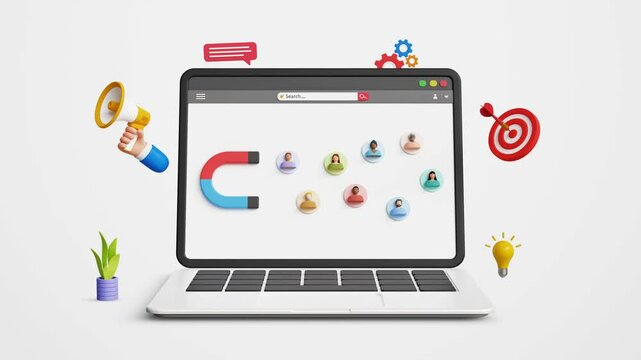 Customer acquisition and retention concept. CAC, advertising, lead generation, promotion, targeted marketing concept. 3D laptop screen with magnet attracting customers. 4K 3D animation