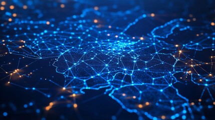 A complex digital network depicted with glowing blue lights, symbolizing connectivity and technology, intertwined with various abstract elements and vibrant energy.