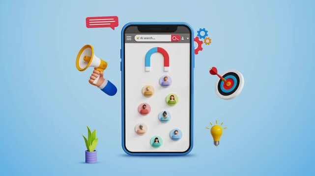 Customer acquisition concept. Business lead, Inbound marketing, customer retention. 3D magnet attract audience on a mobile screen. 4K 3D animation
