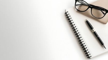 Fototapeta premium Clean, minimalist flatlay featuring a spiral notebook, pen, and eyeglasses on a white background. Perfect for concepts of productivity, planning, education, or business.