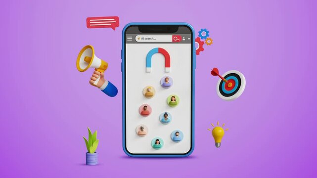 Digital marketing and customer engagement. Ads, audience outreach, attract audience, discount offers, business marketing strategy. 3D magnet attracting audience on a mobile screen. 4K 3D animation