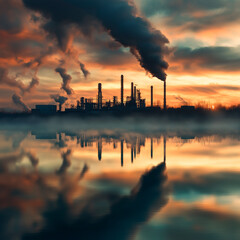 Industrial pollution reflecting in water, factory emissions and polluted river creating environmental crisis, environment protection concept.