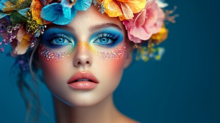 Obraz premium A model wears a colorful flower crown and vibrant makeup with saturated blue eyeshadow, creating a vivid and artistic impression of beauty and creativity.
