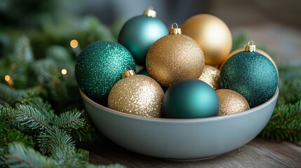 Colorful holiday ornaments arranged in a decorative bowl with green and gold accents during...