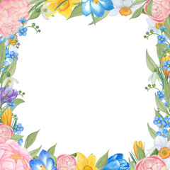Spring Watercolor Floral Frame with Text Space – Peonies, Daffodils, Crocuses, Forget-Me-Nots