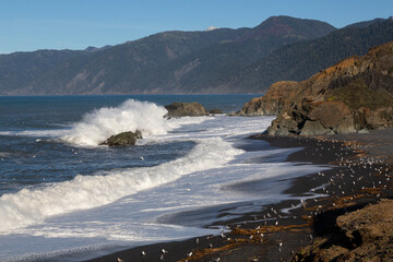 waves breaking on the black beach
