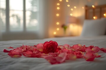 Obraz premium A bed with heart-shaped rose petals, white sheets, and fairy lights creates a romantic vibe, ideal for promoting hotels, honeymoon packages, or Valentine's Day content. Warm and inviting.