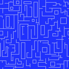 blue background with seamless pattern of white lines and squares. Lines in the form of a labyrinth. Squares of different sizes. The overall design is simple and minimalistic, without any other element