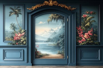 Door mural with tropical jungle scene