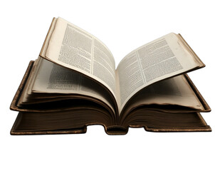 an open book with pages gently turning. The book is well-worn with visible signs of age, and the pages should be filled with text