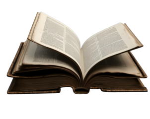 an open book with pages gently turning. The book is well-worn with visible signs of age, and the pages should be filled with text