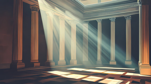 Ancient roman temple interior with sunlight rays. Shadow Temple. Illustration