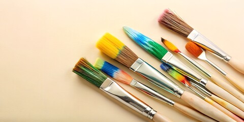 Obraz premium Colorful abstraction brushes with various paint colors arranged on a work surface ready for artistic creation