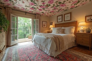 Maximalist bedroom with floral ceiling paper