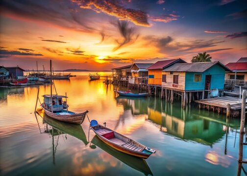 Minimalist Batam Fishing Village: Sunrise Over Traditional Boats in Indonesia