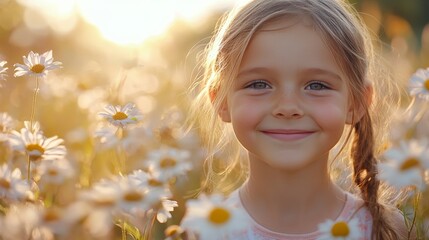 Fototapeta premium A young girl with a joyful smile stands among daisies in a sunlit field, capturing innocence and the carefree essence of youth infused with nature's tranquility.