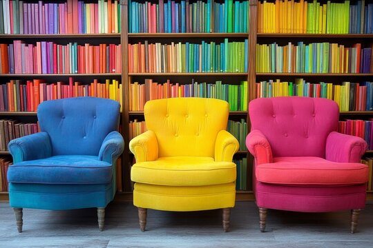 Rainbow bookshelf with mixed fabric chairs