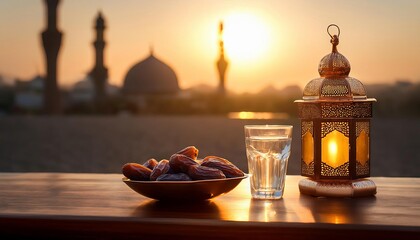 A serene sunset scene featuring a decorative lantern, a glass of water, and a plate of dates, set against a backdrop of silhouetted domes.