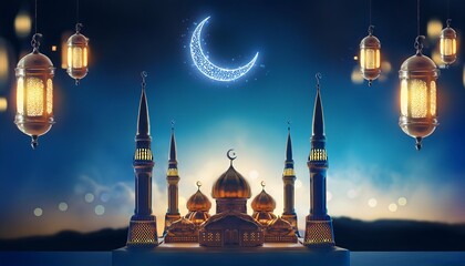 A serene night scene featuring a mosque with glowing lanterns and a crescent moon, evoking a sense of peace and spirituality.
