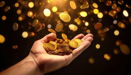 A hand holds coins as they cascade down, creating a dazzling display of gold against a dark background.