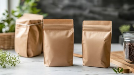Two brown paper bags on a kitchen counter with plants and coffee beans in the background