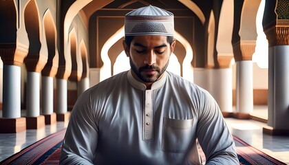 A man in traditional attire meditates peacefully in an ornate mosque, surrounded by beautiful architectural details and a serene atmosphere.