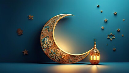 A beautifully crafted crescent moon with intricate designs, accompanied by a glowing lantern against a serene blue backdrop.