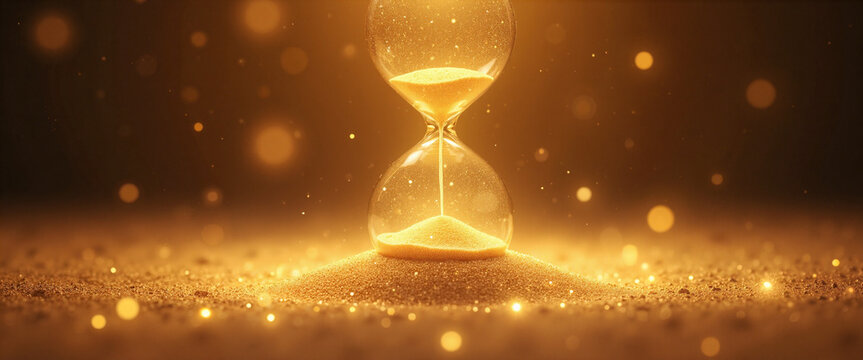 Hourglass in shimmering golden light conveying a sense of timelessness and reflection while surrounded by glowing particles on a sandy background