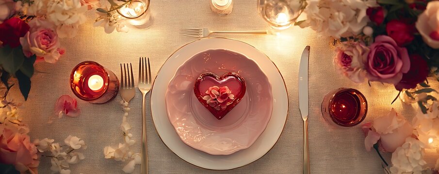 Valentine dinner, featuring elegant table settings with flowers, candles, and romantic touches