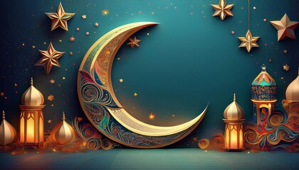 A beautifully designed crescent moon adorned with intricate patterns, surrounded by stars and lanterns, creating a festive atmosphere.