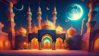 A vibrant, mystical scene featuring an ornate mosque under a starry night sky, illuminated by a glowing moon and crescent moons.