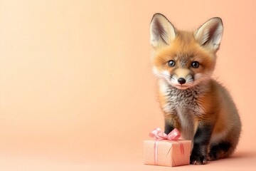 Obraz premium adorable fluffy little red fox cub sitting with pink gift box on orange background with copy space