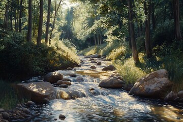 Serene forest stream with sunlight filtering through trees.