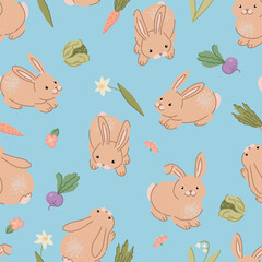 Cute rabbits seamless pattern. Ornament of bunnies pretty animals. Contemporary vector illustration.