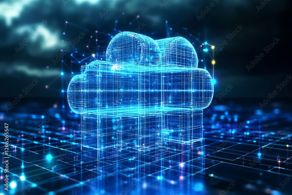 Poster Abstract Digital Cloud Computing Network Data Structure Blue Glowing Lines Modern Technology Futuristic Innovation Digitalization Global Connection Powerful Server       