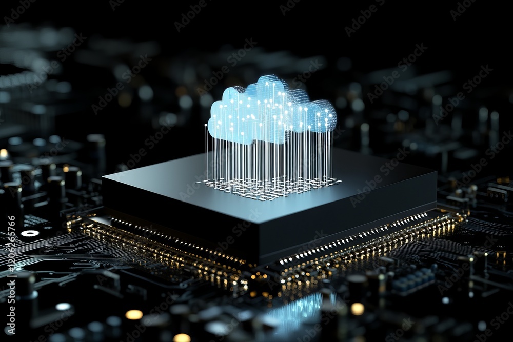 Poster abstract cloud computing digital data network technology server processor microchip circuit board fu