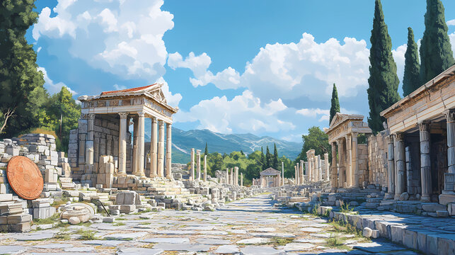 The agora of ephesus with its open space surrounded by ruins of ancient shops and meeting places. Ancient Ruins. Illustration