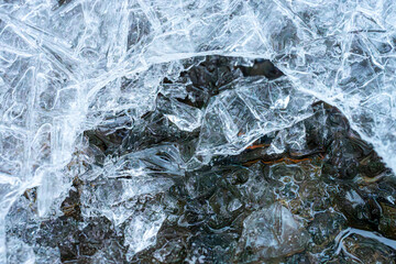 A stream running through a frozen coniferous forest, a world of ice and snow, Norway, Macro