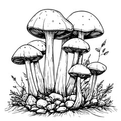 Detailed Hand-Drawn Sketch Illustration, Mushroom in Monochrome Art, Transparent Background, Vector File
